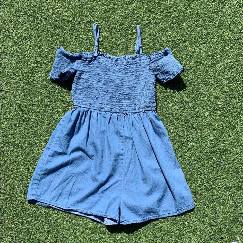 blue off-the-shoulder romper